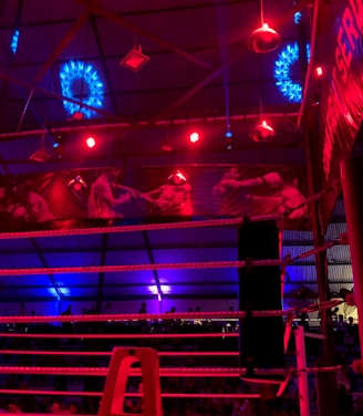A brightly lit boxing or wrestling ring with vivid red and blue lights. Banners with images of fighters hang from the ceiling. The ropes of the ring are prominently visible, and a stool is placed inside the ring. The arena is filled with an audience, silhouetted against the colorful lighting.